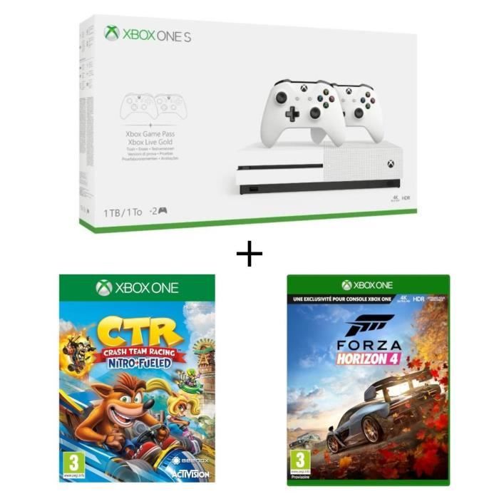 Xbox One S 1To 2 manettes +Crash Team Racing Nitro Fueled Jeu + Forza  Horizon 4 Jeu Xbox One - eMALLYSTORE